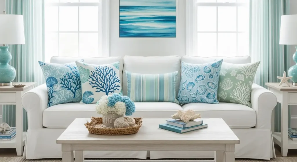 White Sofas with Ocean Inspired Pillows
